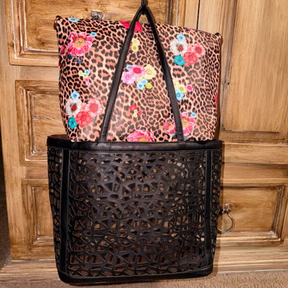 GUC~ 2/1 Laser Cut Out Black Shopper & Leopard Cross Body Bag-Purse-Tote (Bin 9) - Picture 4 of 11